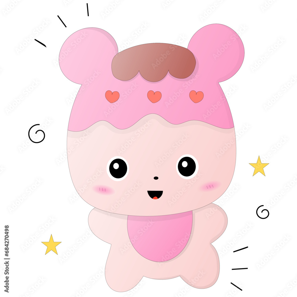 Kawaii pastel pink baby bear with pink body and 3 heart shapes on the head Kawaii pastel pink baby bear with pink body and 3 heart shapes on the head