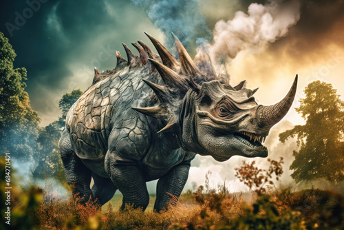 A terrible dinosaur Triceratops with an open huge mouth and powerful teeth. Prehistoric monster. © Anoo