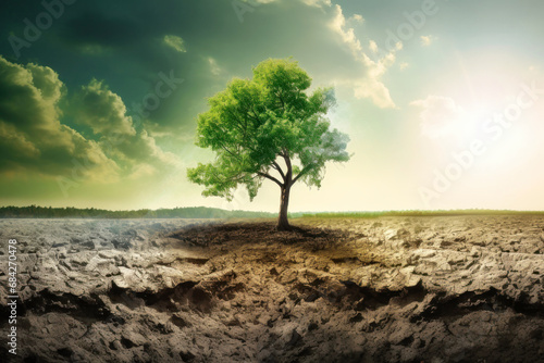Dry land with cracked soil and a lonely tree. Global warming concept. Soil erosion. Ecology. Deforestation.