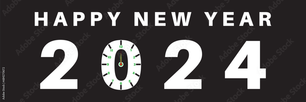 Obraz premium 2024 Happy New Year clock background. Greeting banner vector illustration. Holiday poster or wallpaper design.