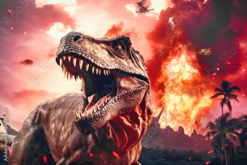 A terrible dinosaur Tyrannosaurus T-rex with an open huge mouth against a background of fire and smoke in the burning primeval jungle. Death of the dinosaurs. © Anoo