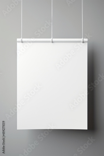 Vertical Blank Paper Print Mockup On String On Gray Background