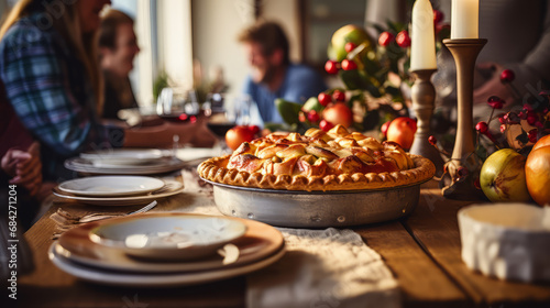 Delicious Fresh Apple pie, on dining table, Family diner,Ai generated 