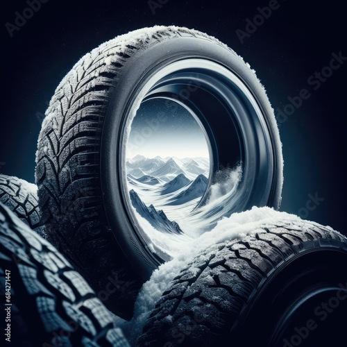 new tire with modern tread on black background brightly lit from above