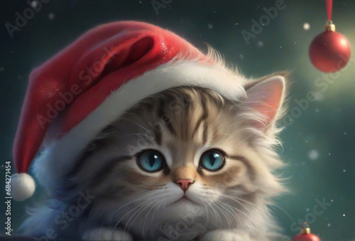 Cute kitten wearing a red christmas hat
