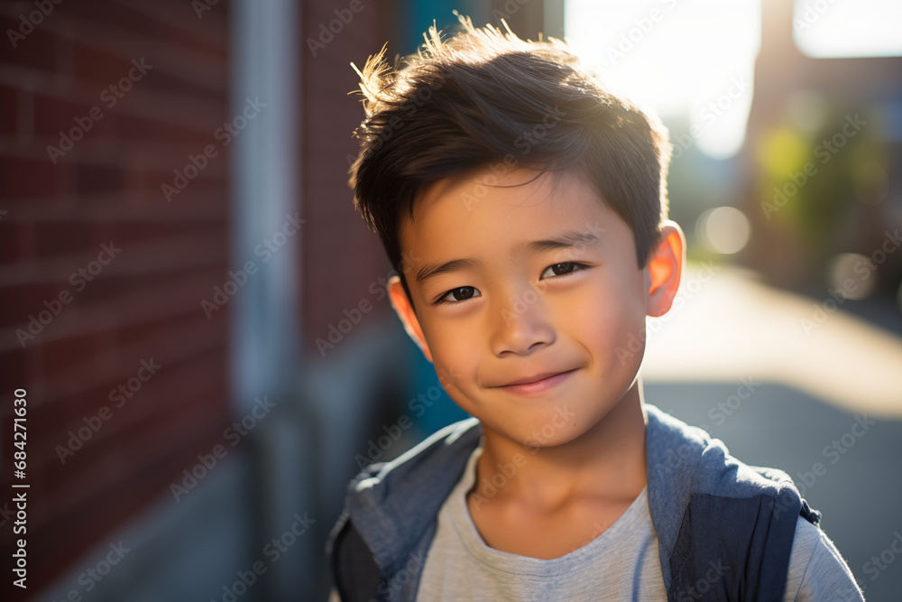 Cute boy looking to the camera, smiling, outdoors next to a house, bright sunny day, blurred background, happy, upbeat, intense look, confident, vietnamese, japanese, asian origin, child portrait Cute boy looking to the camera, smiling, outdoors next to a house, bright sunny day, blurred background, happy, upbeat, intense look, confident, vietnamese, japanese, asian origin, child portrait