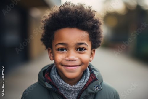 portrait of a child  smiling  happy  intense look  outdoors  cold weather  autumn  winter  eyes level shot  curly hair  intense expression  in the street of a city  black african american boy  cute