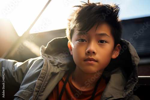 portrait of an asian child in a sunny day, outdoors, wearing a coat, cute, zen, calm, serenity, tranquility, asian amercian boy, chinese, vietnamese photo