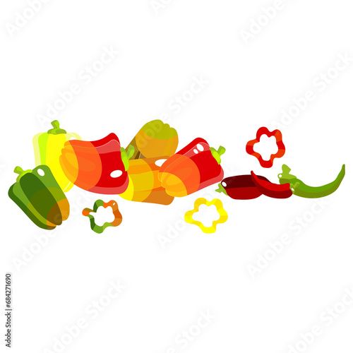 Pizza and ingredients. Sweet, Bulgarian peppers. Salad preparation. Vegetables. Vegetarian food. Healthy eating. Red bell peppers. Vector drawing