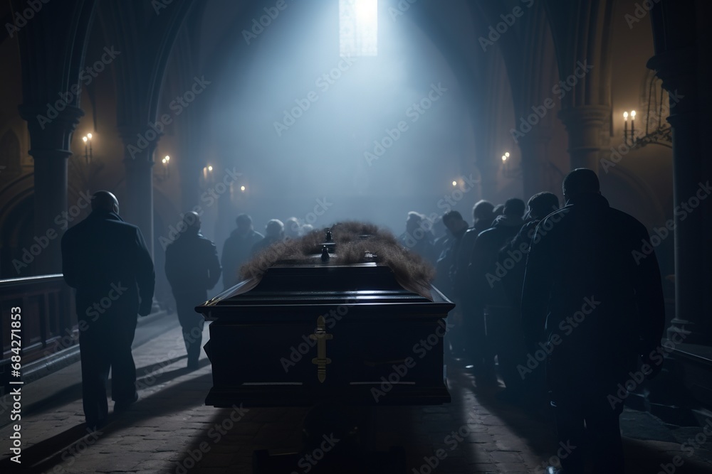 Concept conceptual image of a funeral or burial at cemetery. A group of unknowns people looking at a casket in a dark room with lights and smoke. Selective focus - obrazy, fototapety, plakaty 