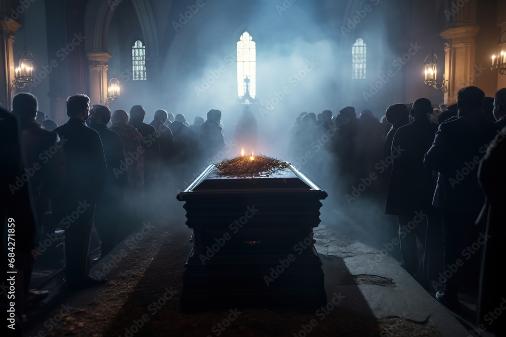 Concept conceptual image of a funeral or burial at cemetery. A group of unknowns people looking at a casket in a dark room with lights and smoke. Selective focus - obrazy, fototapety, plakaty 