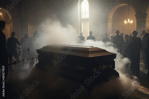 Concept conceptual image of a funeral or burial at cemetery. A group of unknowns people looking at a casket in a dark room with lights and smoke. Selective focus photo