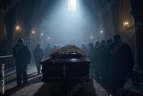 Concept conceptual image of a funeral or burial at cemetery. A group of unknowns people looking at a casket in a dark room with lights and smoke. Selective focus