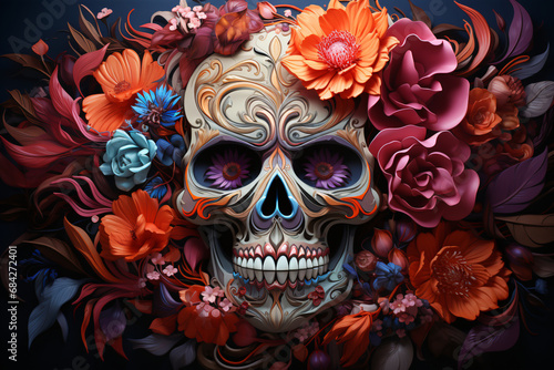 Mexican day of death or day of the dead. Sugar skull and flowers. El Dia de Muertos.