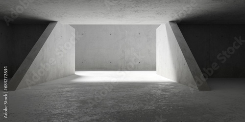 Abstract empty, modern concrete room with dividers, opening to courtyard and rough floor - industrial interior background template