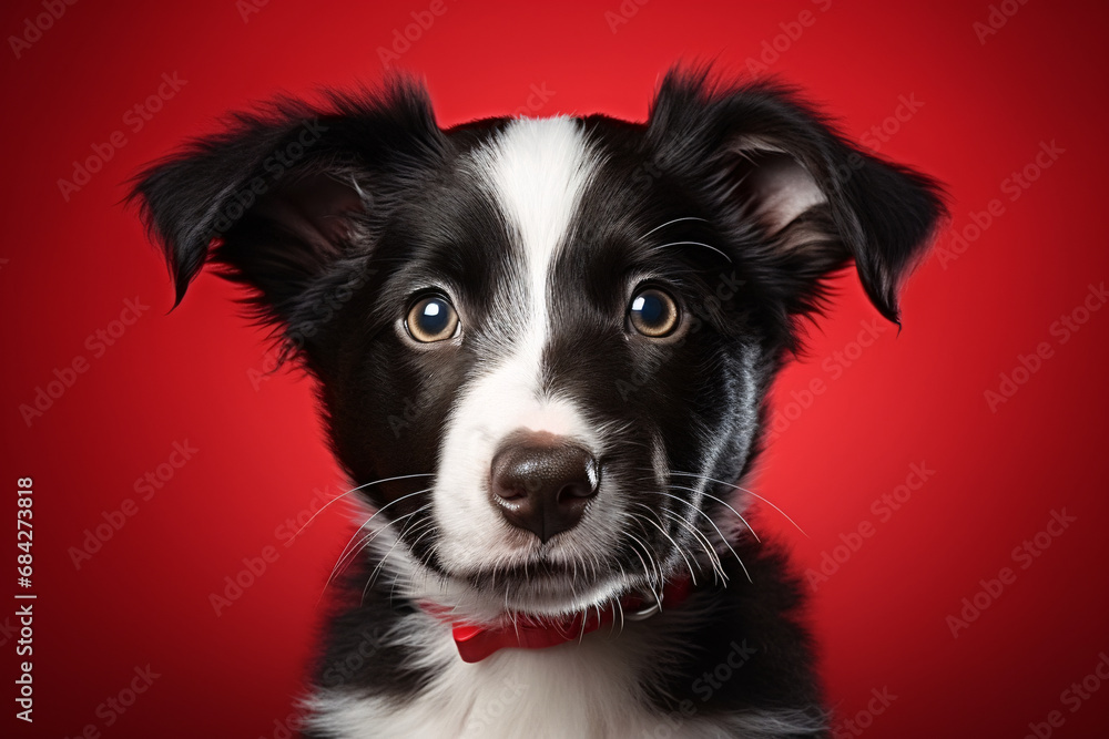 border collie puppy, pet. dog breed, black and white coat color.