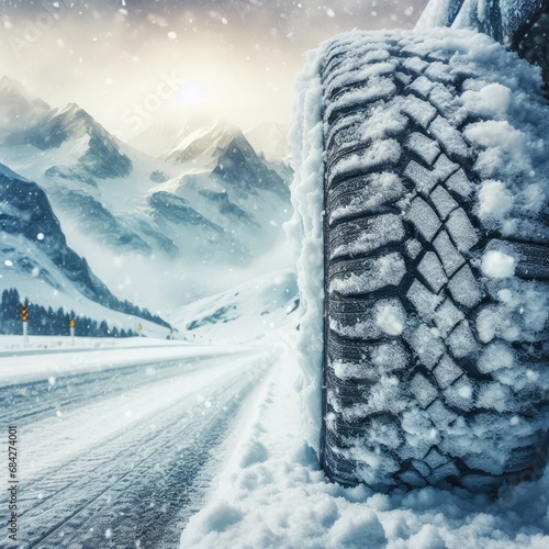 close up different winter tires on a snowy road in the mountains - snow storm © pahis