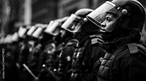 the stoic resilience of riot police in a row, facing the scrutiny of protesters