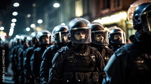 the stoic resilience of riot police in a row, facing the scrutiny of protesters