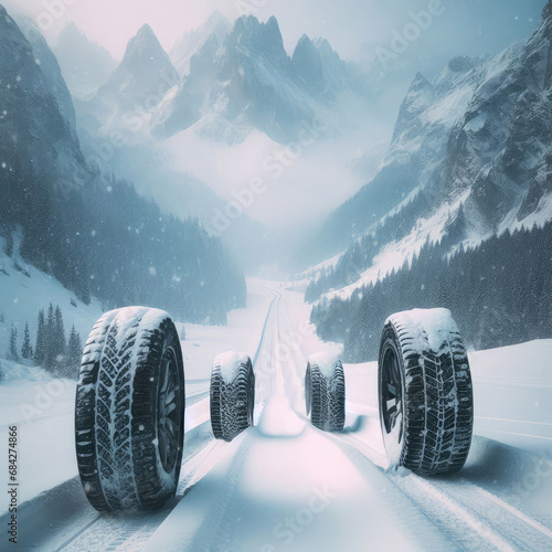 close up different winter tires on a snowy road in the mountains - snow storm