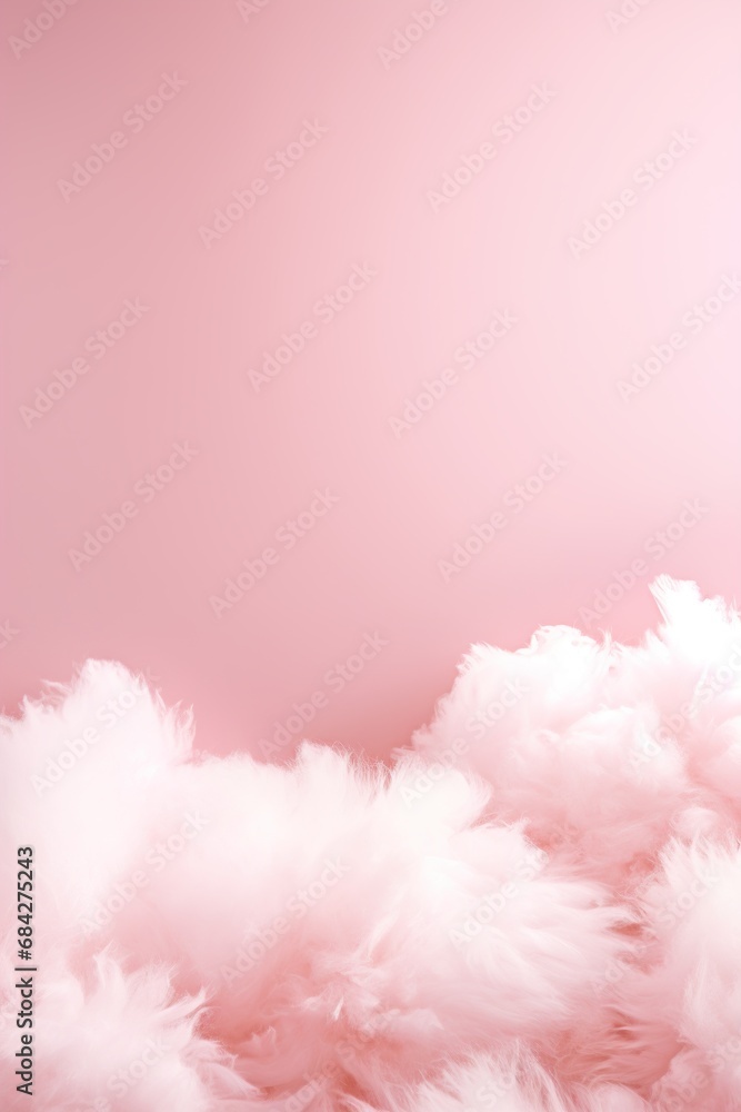 Fluffy pink feathers create a soft background with a delicate pastel gradient. Empty, copy space. Dreamy backdrop for social media content, bridal or fashion design presentations.