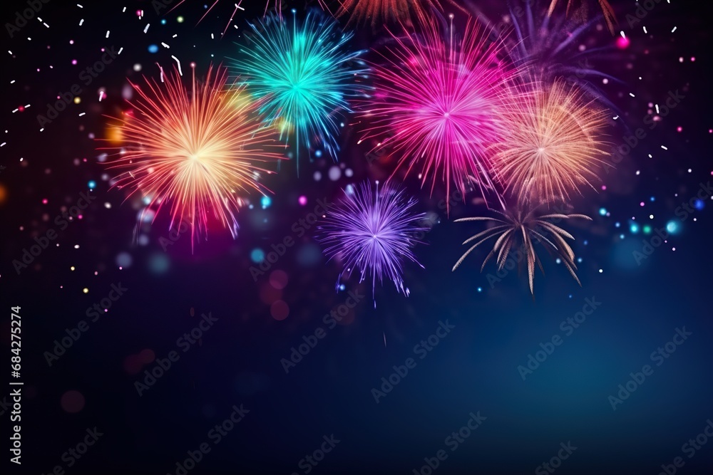 Naklejka premium Dark New Year background with colorful fireworks and empty space. Copy space for your text. Merry Xmas, Happy New Year. Festive backdrop.