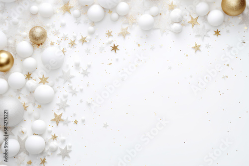 Beautiful Christmas background with white and golden, shining decoration and empty space. Glitter, confetti. Copy space for your text. Merry Xmas, Happy New Year. Festive backdrop.