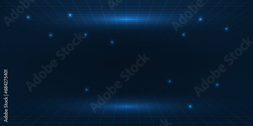 Vector illustration of futuristic digital technology background.Horizontal digital empty space with glowing dot pattern and perspective grid for advertising and game graphic artwork.