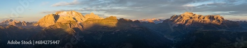 Fotografie morning panoramic view mount Marmolada and mount Sella