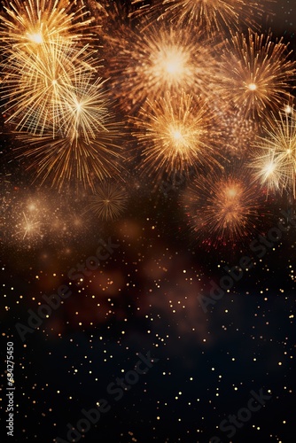 Black New Year background with fireworks and empty space. Copy space for your text. Merry Xmas, Happy New Year. Festive vertical backdrop.