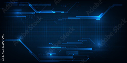 Vector illustration of futuristic digital technology background.Horizontal digital space with glowing dot pattern and tech circuits network for advertising and game graphic artwork.