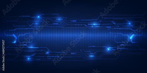 Vector illustration of futuristic digtial technology background.Horizontal digital space with glowing dot pattern and tech circuits network for advertising and game graphic artwork.