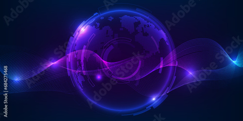 Vector illustration futuristic digital communication technology background with glowing blue and purple globe and wave wireframe.Digital communication economic and technology concepts.