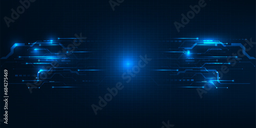 Vector illustration of futuristic digtial technology background.Horizontal digital space with glowing dot pattern and tech circuits network for advertising and game graphic artwork.