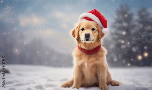 golden retriever dog in snow Christmas red Santa Claus hat in snow falling sky scene. Winter Forest Landscape. Christmas Holidays created with generative ai © Chaudhry