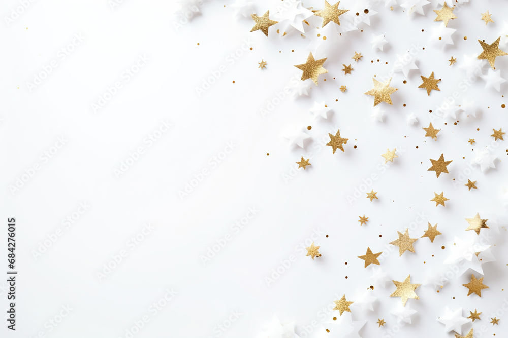 Beautiful Christmas background with white and golden, shining stars and empty space. Glitter, confetti. Copy space for your text. Merry Xmas, Happy New Year. Festive backdrop.