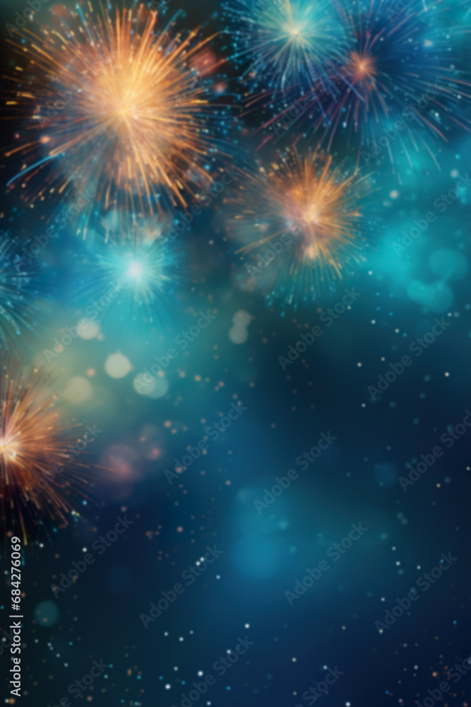 Dark blue New Year background with fireworks and empty space. Copy space for your text. Merry Xmas, Happy New Year. Festive vertical backdrop.