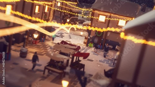 3D Rendered Firework Flying Through Snow Covered Village Where People Are Celebrating Christmas.