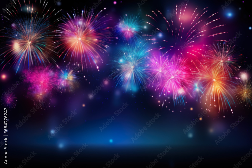 Naklejka premium Dark New Year background with colorful fireworks and empty space. Copy space for your text. Merry Xmas, Happy New Year. Festive backdrop.