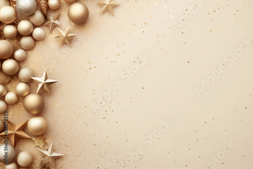 Beautiful beige Christmas background with golden, shining decoration and empty space. Glitter, stars. Copy space for your text. Merry Xmas, Happy New Year. Festive backdrop.