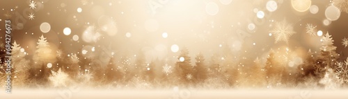 Beige Christmas background with fir trees  snowflakes and empty space. Copy space for your text. Merry Xmas  Happy New Year. Festive backdrop  banner.