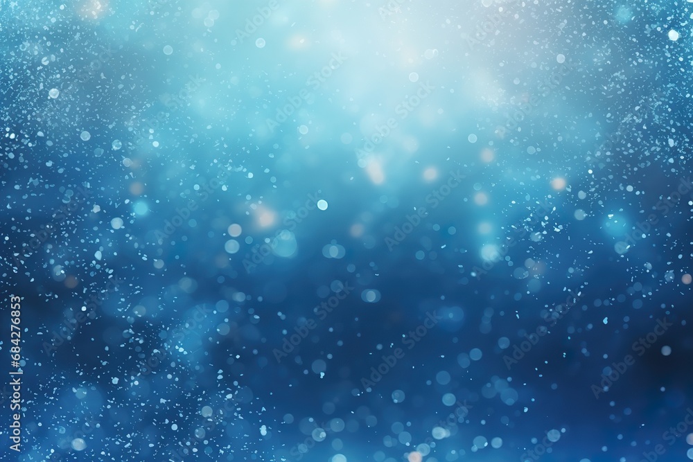 Abstract blue Christmas background with empty space. Snow, bokeh lights. Copy space for your text. Merry Xmas, Happy New Year. Festive backdrop.