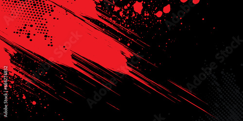 Black and red abstract background with brushstroke and halftone style.