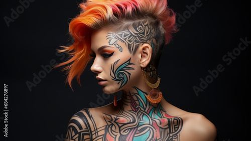 Stylish Undercut Hair Tattoo Design on Woman - Close-Up Scalp Hairstyle Detail, AI-Generated