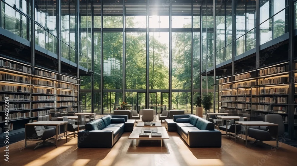 The interior of a modern library, glass walls, sofas, a large number of shelves with books