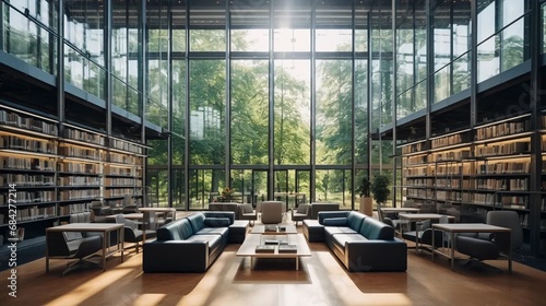 Obraz na płótnie The interior of a modern library, glass walls, sofas, a large number of shelves with books w salonie