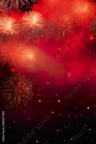 Dark red New Year background with fireworks and empty space. Copy space for your text. Merry Xmas, Happy New Year. Festive vertical backdrop.