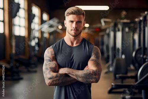 portrait of muscular man with tattoo smiling