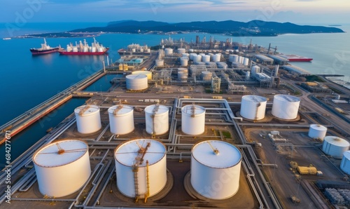Aerial view oil and gas terminal storage tank farm, Tank farm storage chemical petroleum petrochemical refinery product, Business commercial trade fuel, Generative AI  photo