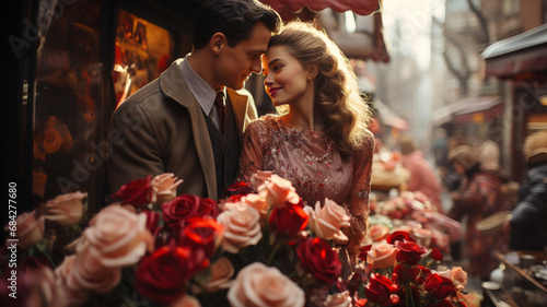 Couple Enjoying Valentine's Day at Bustling Flower Market, Romantic Scene - AI Generated